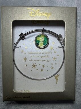 Disney Silver Stainless Steel Bangle Bracelet with Green Tinker Bell Charm